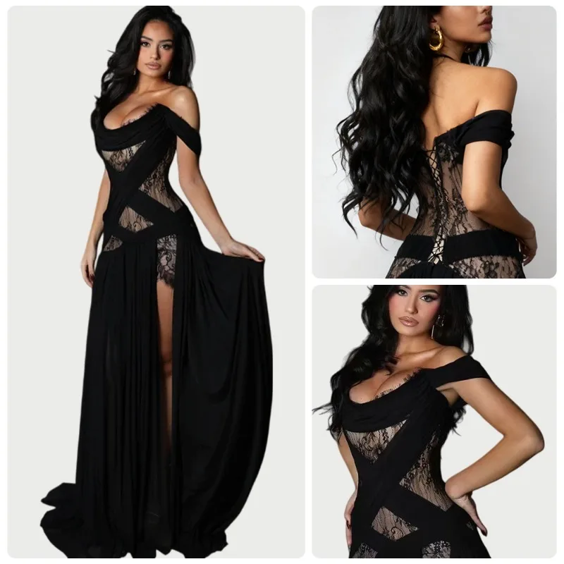 

Sexy Off Shoulder Evening Dress Women Lace Hollow Out Long Dress Elegant High Slit Party Dresses Fashion Women Clothes Robes