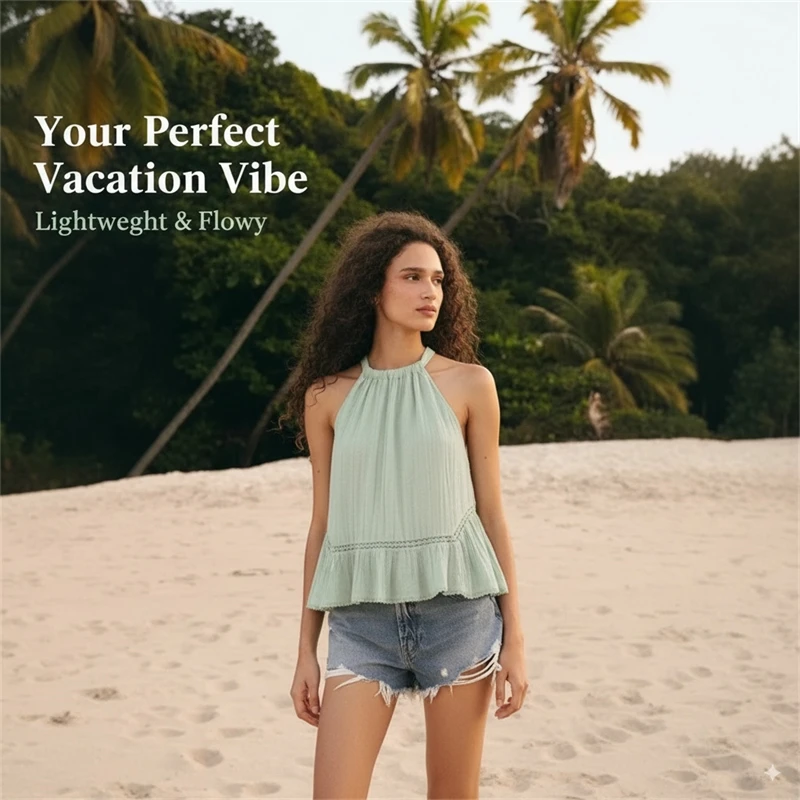 

Summer Sleeveless Top for Women Ruffle Hem Loose Fit Blouse Round Neck Embroidered Beach Vacation Shirt 2025