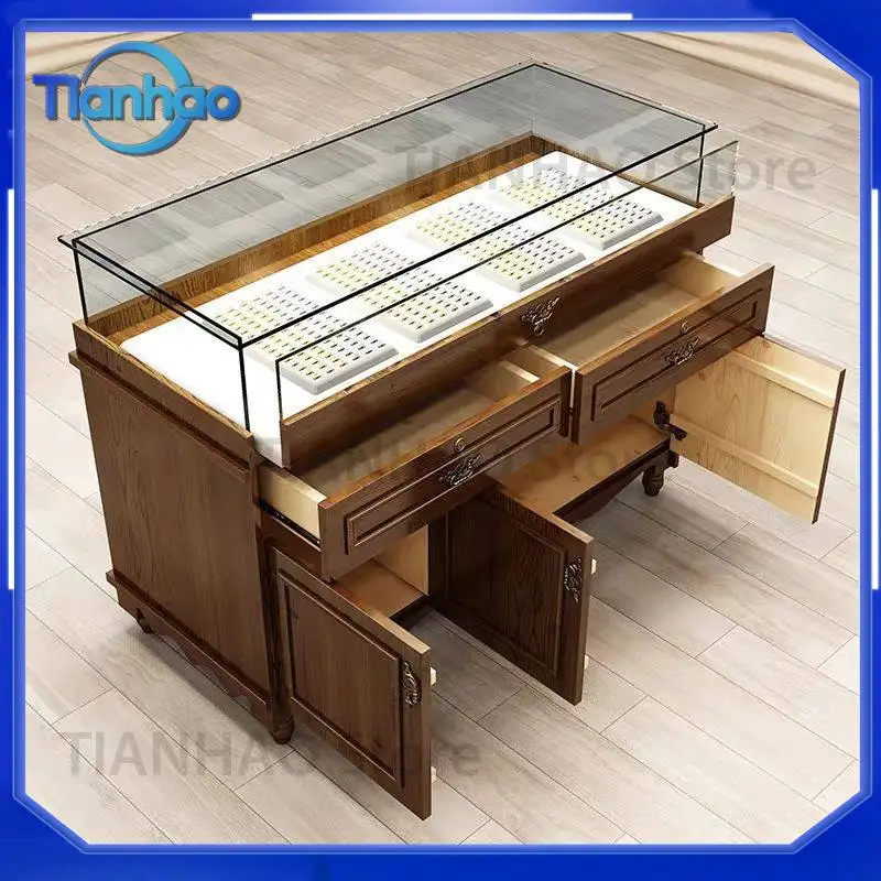 Retro Solid Wood Jewelry Display Cabinet for Antique Jade Glass Cabinet for Silver Jewelry Cultural Relics Nakajima Counter