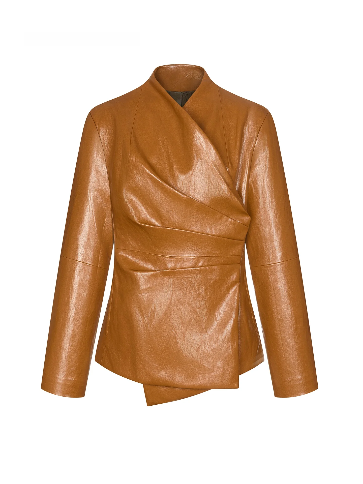 

FAE Women's Leather Suit Jacket Gathered Waist Spring 2026 Long Sleeve No Collar Dark Button Regular Length Spring Fashion