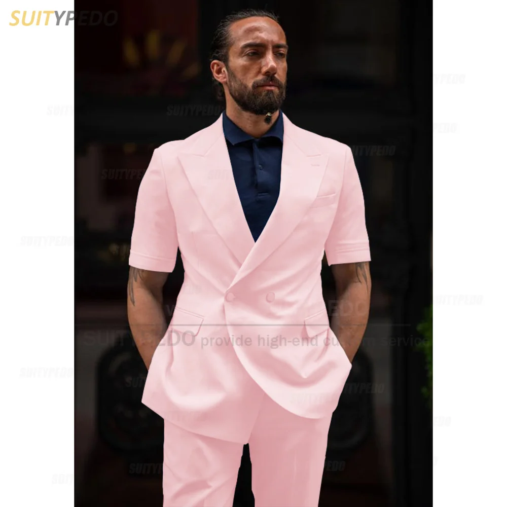 Fashion White Men Suit Sets Casual Party Blazer Pants 2 Pieces Wedding Tailor-made Slim Fit Elegant Short Sleeve Jacket Tuxedo