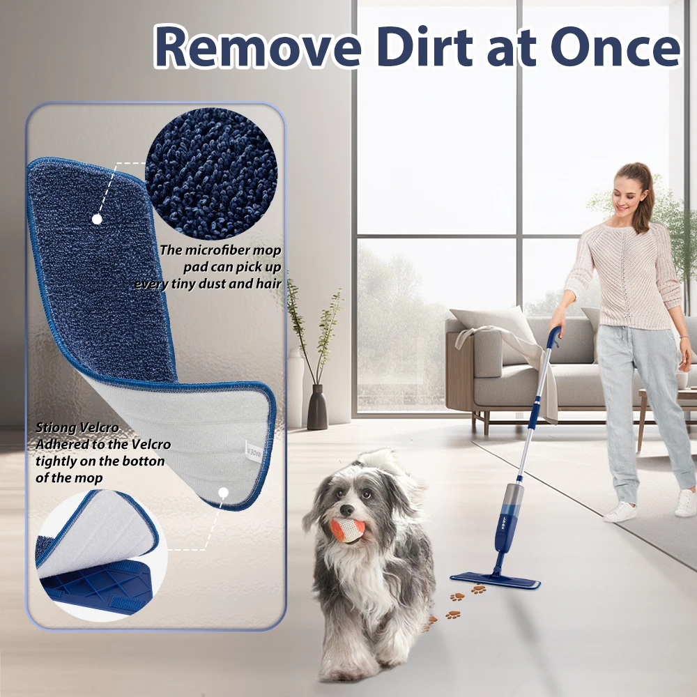 DARIS Spray Mop, 500ml Bottle, 3 Microfiber Mop Pads, Scraper, Mop Clip, Wet and Dry Use, Flat Floor Cleaning Mop