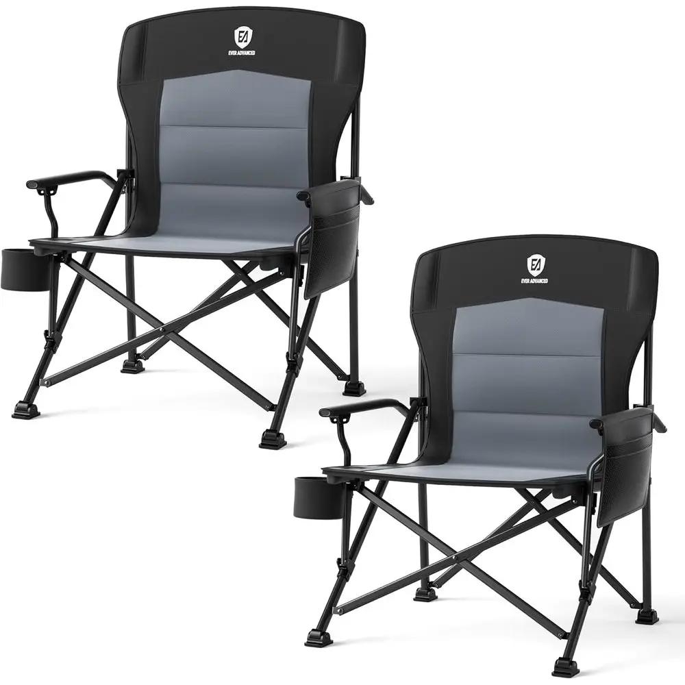 Durable Collapsible Quad Camping Chair with Side Pockets, Supports 500lbs, Black