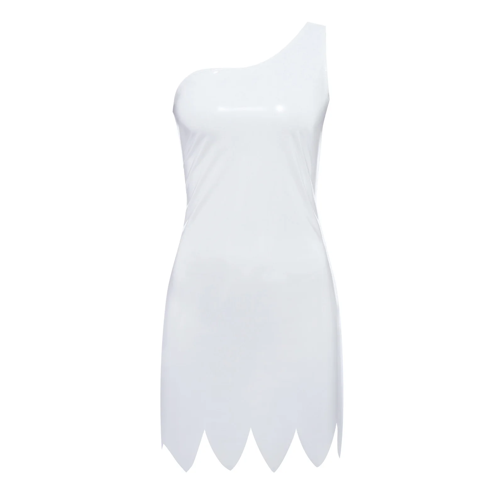 

Women Fashion White Color Mini Dress Patent Leather Hip Hugging Single Shoulder Dress for Themed Party Dating Raves Uniforms