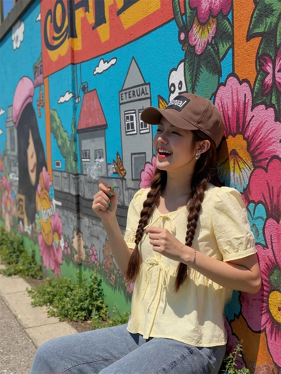 

Blouses Women Trend Short Sleeve Yellow Cotton Summer Plain Outerwears Large Size Formal Office Feminine Casual Chic Bow Tie