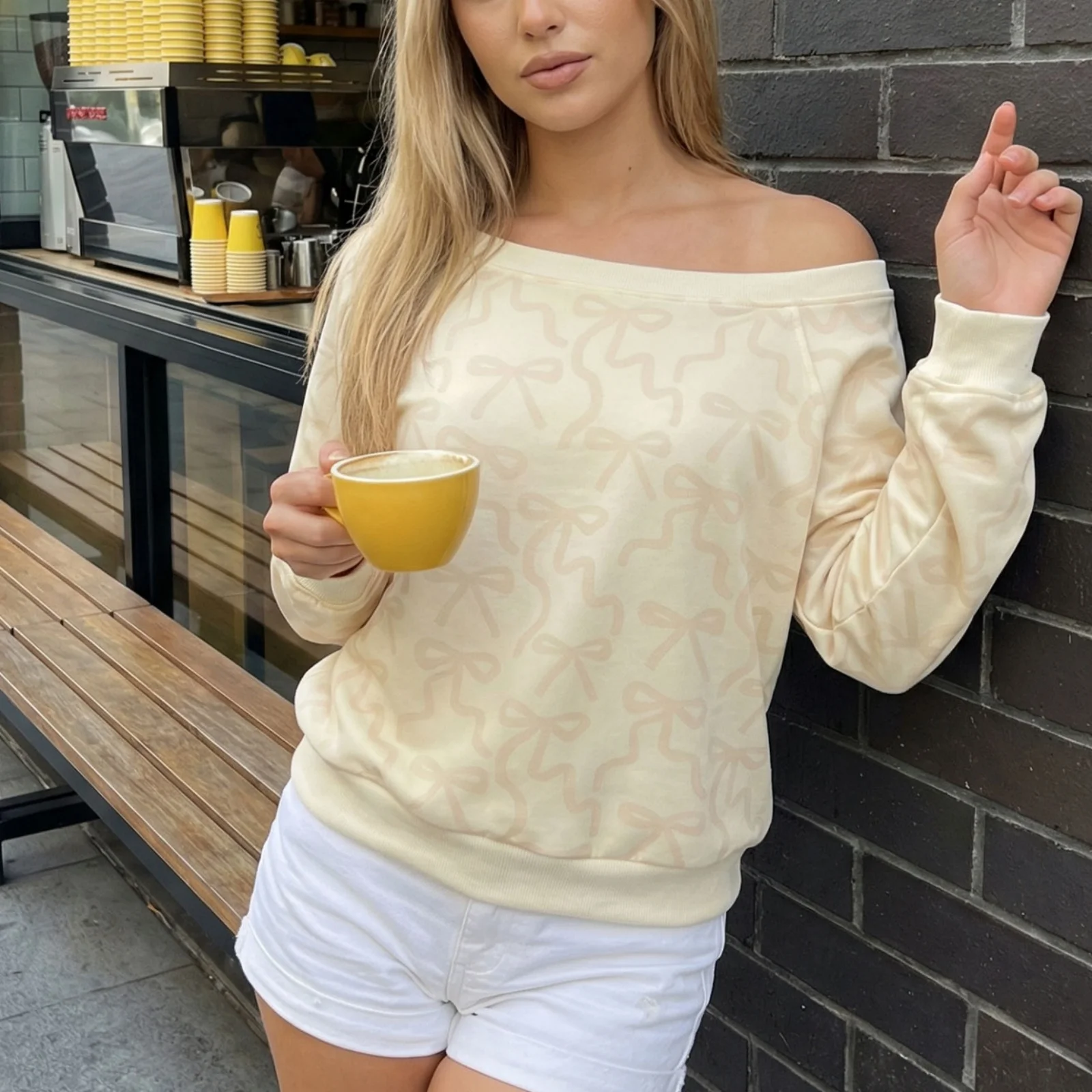 

Women Sweatshirt Long Sleeve Off-shoulder Bow Print Loose Hoodie Pullover Casual Tops