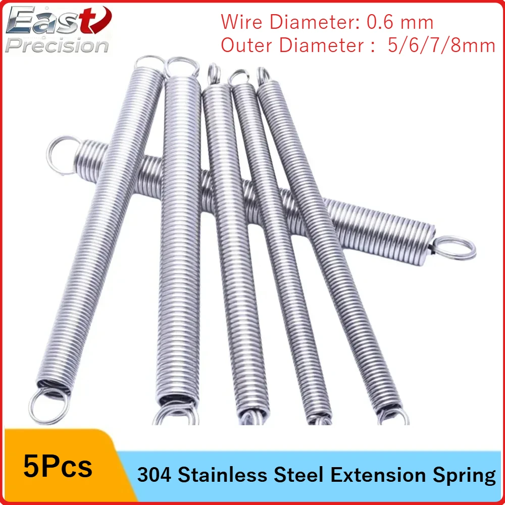 

304 Stainless Steel Extension Spring Wire Dia 0.6mm O Ring Hook Coil Dual Hook Small Tension Spring OD 5mm 6mm 7mm 8mm 5Pcs