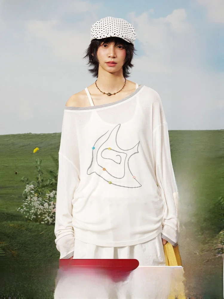 

Early Spring 2026 Women's Casual Sle Long Sve T-irt oulder Dstring Loose Fit Bird Pattern Top by ZYNHZ