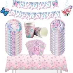 Pink Purple Butterfly Theme Party Disposable Tableware Paper Plate Cup Napkin Banner Birthday Party Baby Shower Wedding Decor