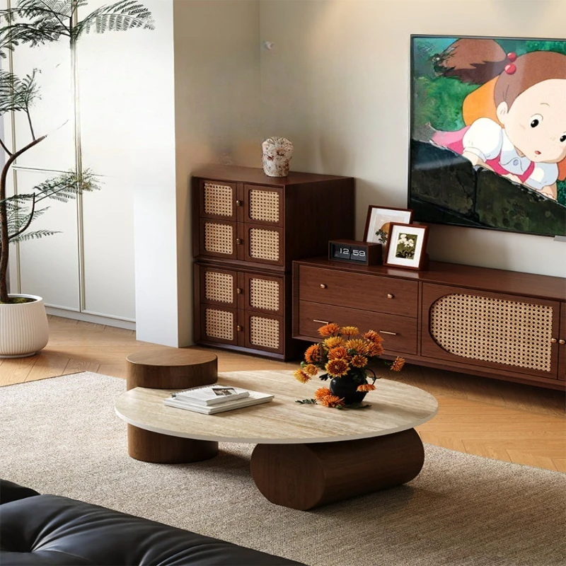 

travertine rock slab coffee table round light luxury high-end living room small apartment modern simple solid wood