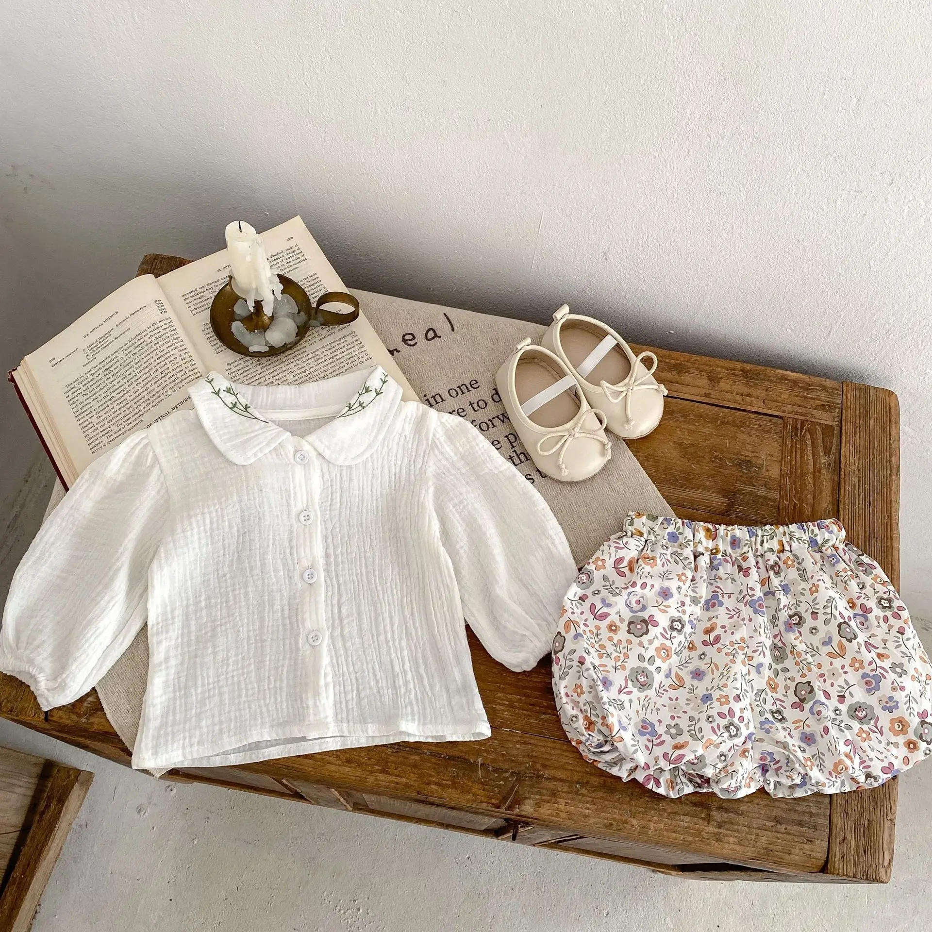 Ins 2024 Autumn Infant Baby Girls 2PCS Clothes Set Cotton Long Sleeve Shirts Floral Puffy Shorts Suit Toddler Girls Outfits