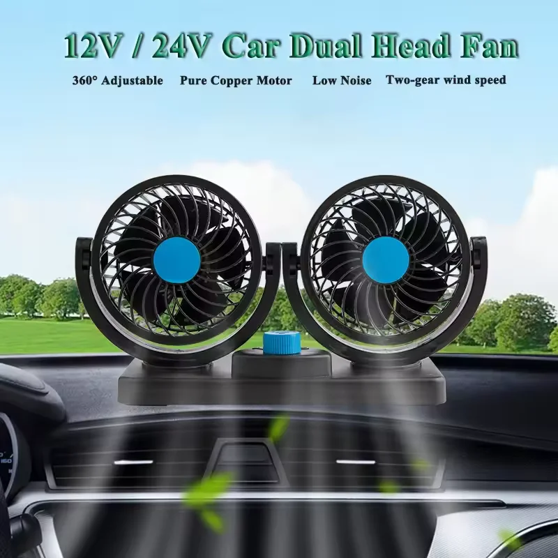 

12V 24V Dual-Head Car Fan 360° Adjustable, Pure Copper Motor Low Noise Variable Speed Ventilation Cooling Device for Summer Good