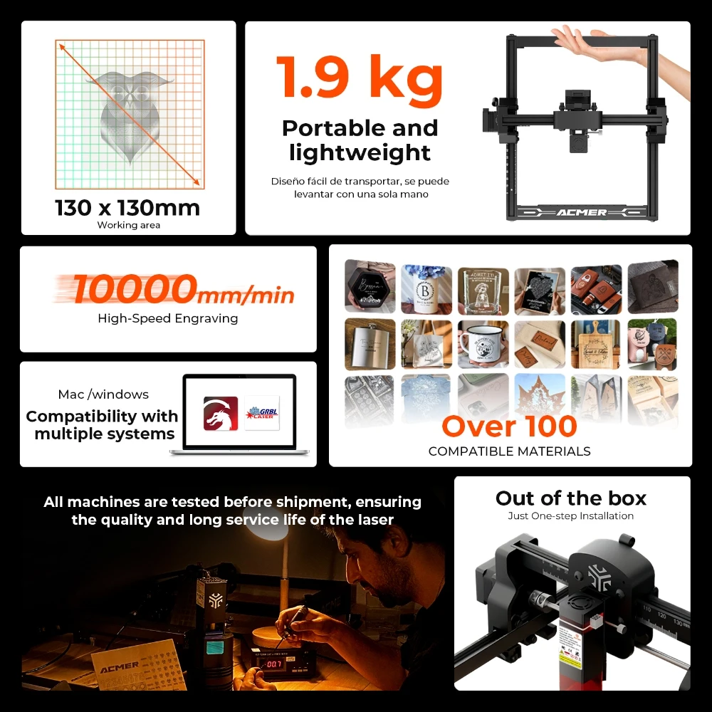 ACMER Mini 2.5/3.5W Laser Engraver Woodworking Work Tool Portable Laser Engraving Machine Crave Wood leather Acrylic Beginner