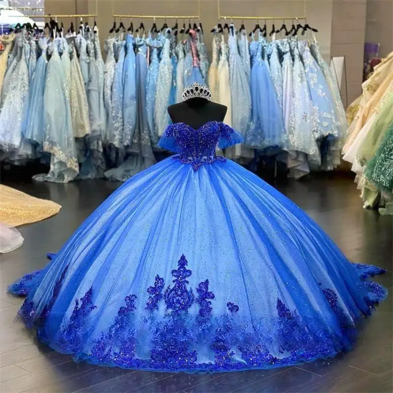 فستان Quinceanera من التول باللون الأزرق الملكي اللامع مع خرز كريستالي مرصع بالألماس 16 فيستدوس مخصص