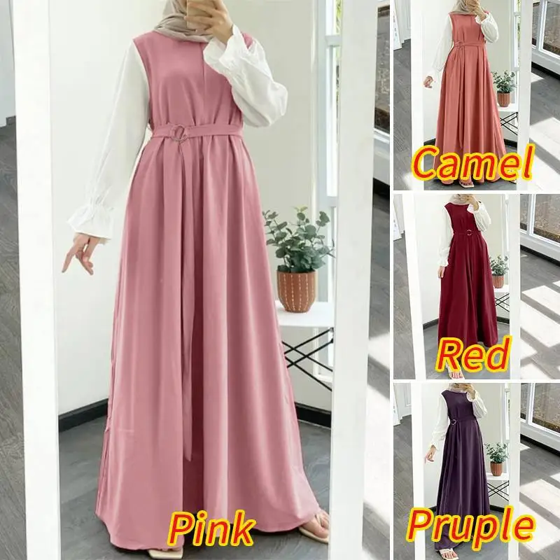 2025 New Women's Color Block Sleeve Abaya Round Neck Swing Abayas Fake Two-Piece Slim Ladies Dress Casual Temperament