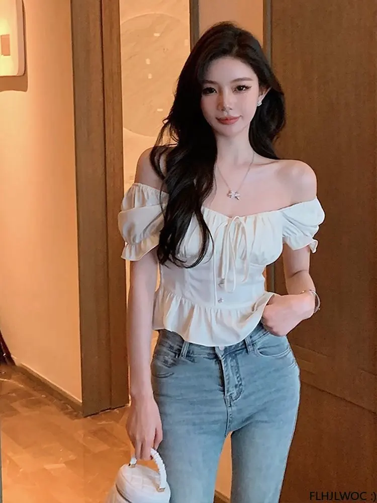 Chic Korea Off Shoulder Crop Tops Blusas Women 2023 Summer Solid Bow Tie Slim Waist A Line Belly Peplum Short Shirts Blouses