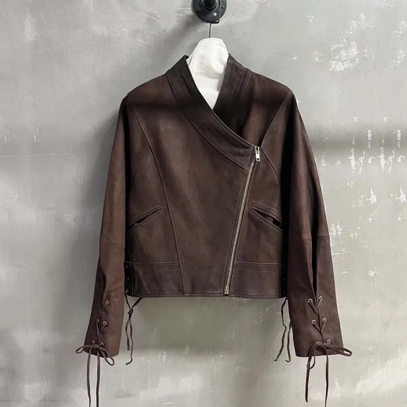 new fashion coat spring autumn 2025 natural real suede leather jacket short length Turkish oil wax skin Tie decoration