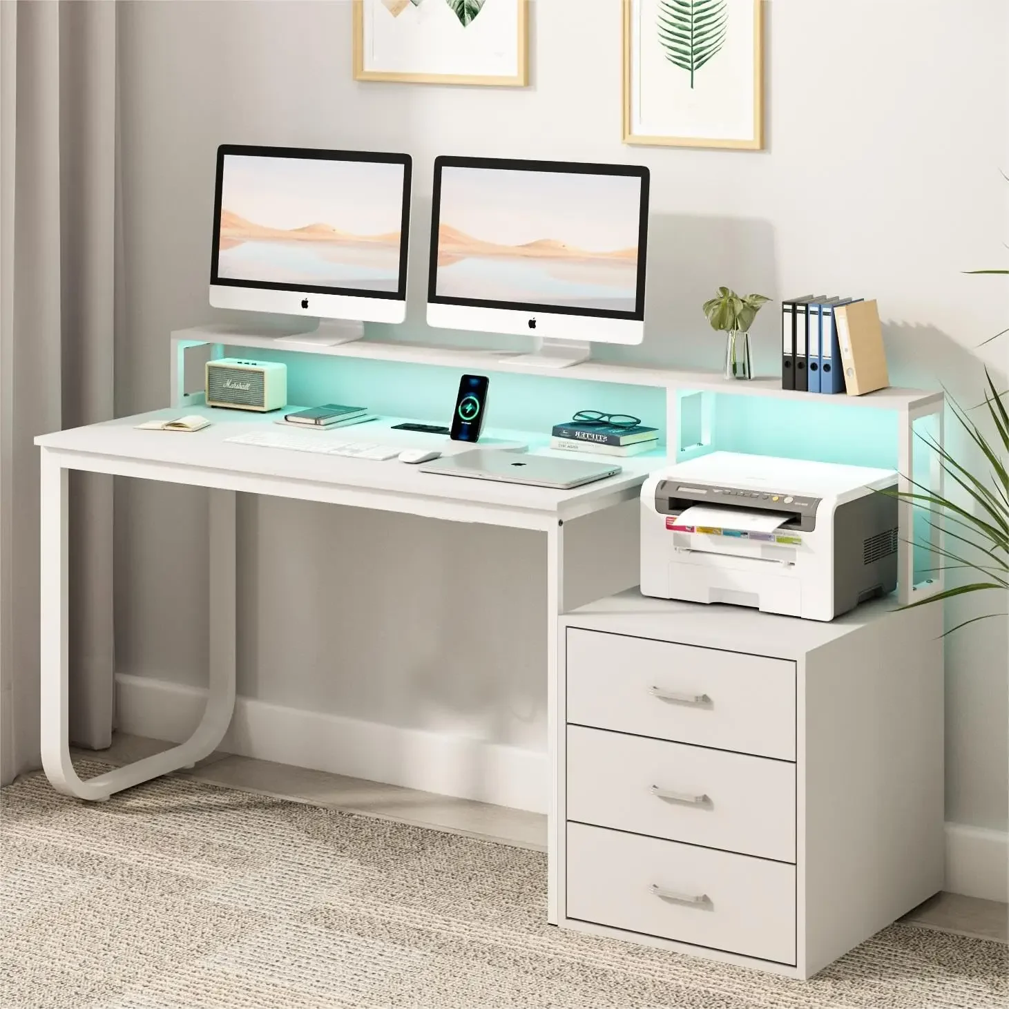 67” White Desk with 3 Drawers and Storage, Reversible White Office Computer  with Monitor Stand, Home Office