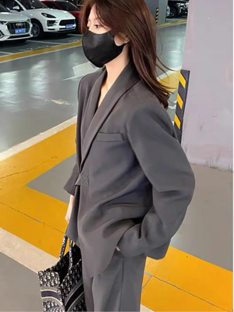 Office Lady Blazer Belt Pant Suits Women's Pantsuit Korean Version Notched Baggy Pants Summer Elegant Euality Chic Women Outfit