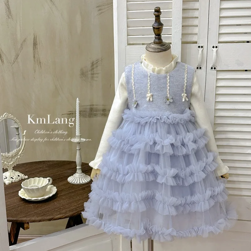 

Girls Set 2025 Autumn Winter Korean Style Fashion Sweet Cute Long Sleeve Top Patchwork Princess Dress Two Pieces Set