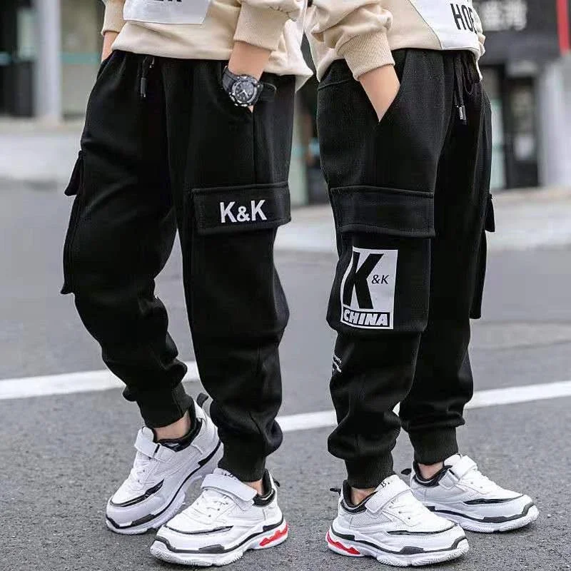 2024 Autumn Boys Pants Letter Print Cotton Sweatpants Casual Korean Cargo Pants Fashion Teenage Kids Sport Multi-pocket Pants