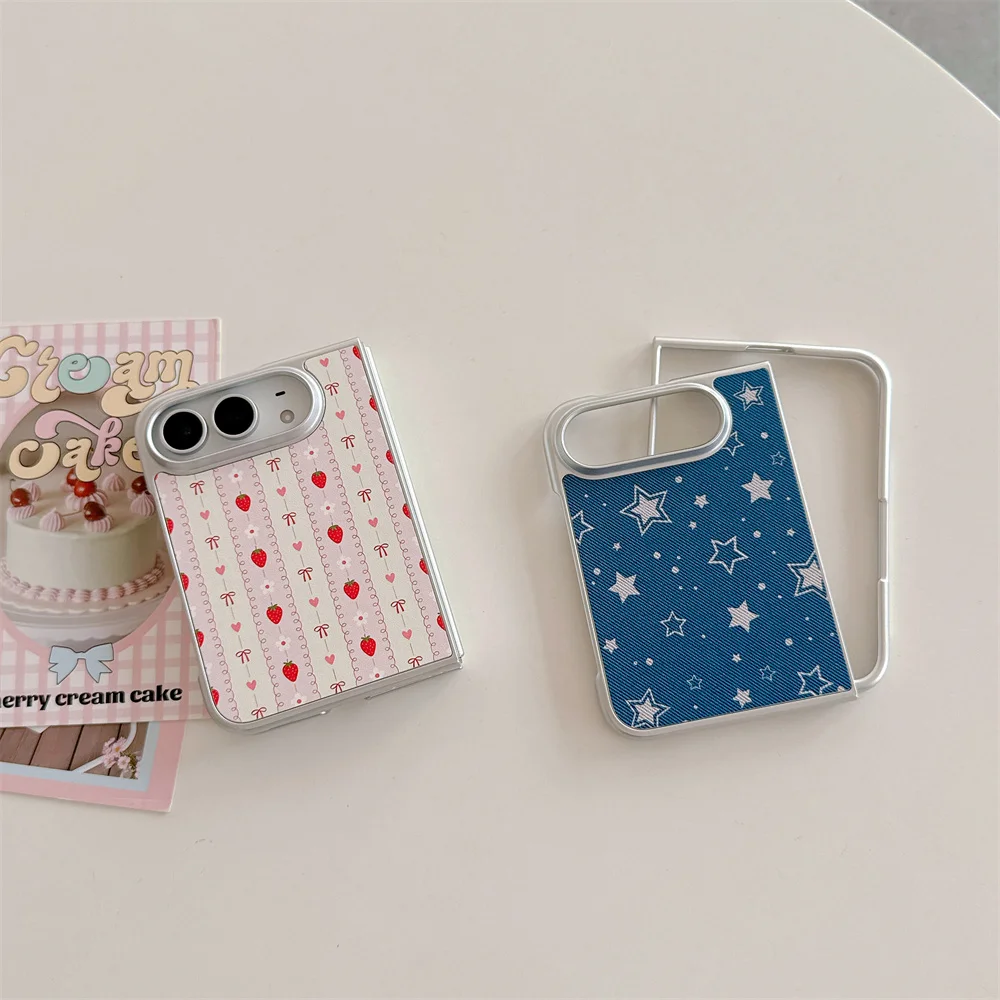 New Korea Ins Cartoon Stars Strawberry Phone Case For iPhone Duo Foldable Protective Cover Cute Cases Shockproof Silver