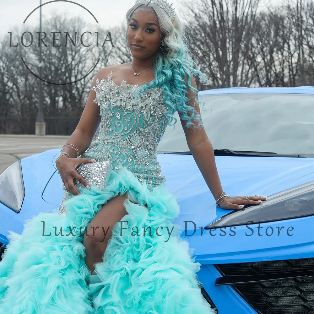 高級ラインストーンウエディングドレス女性のためのチュールフリルウェディングパーティードレスカスタマイズされたサイドスリット光沢のあるダイヤモンドvestidosデフェスタ