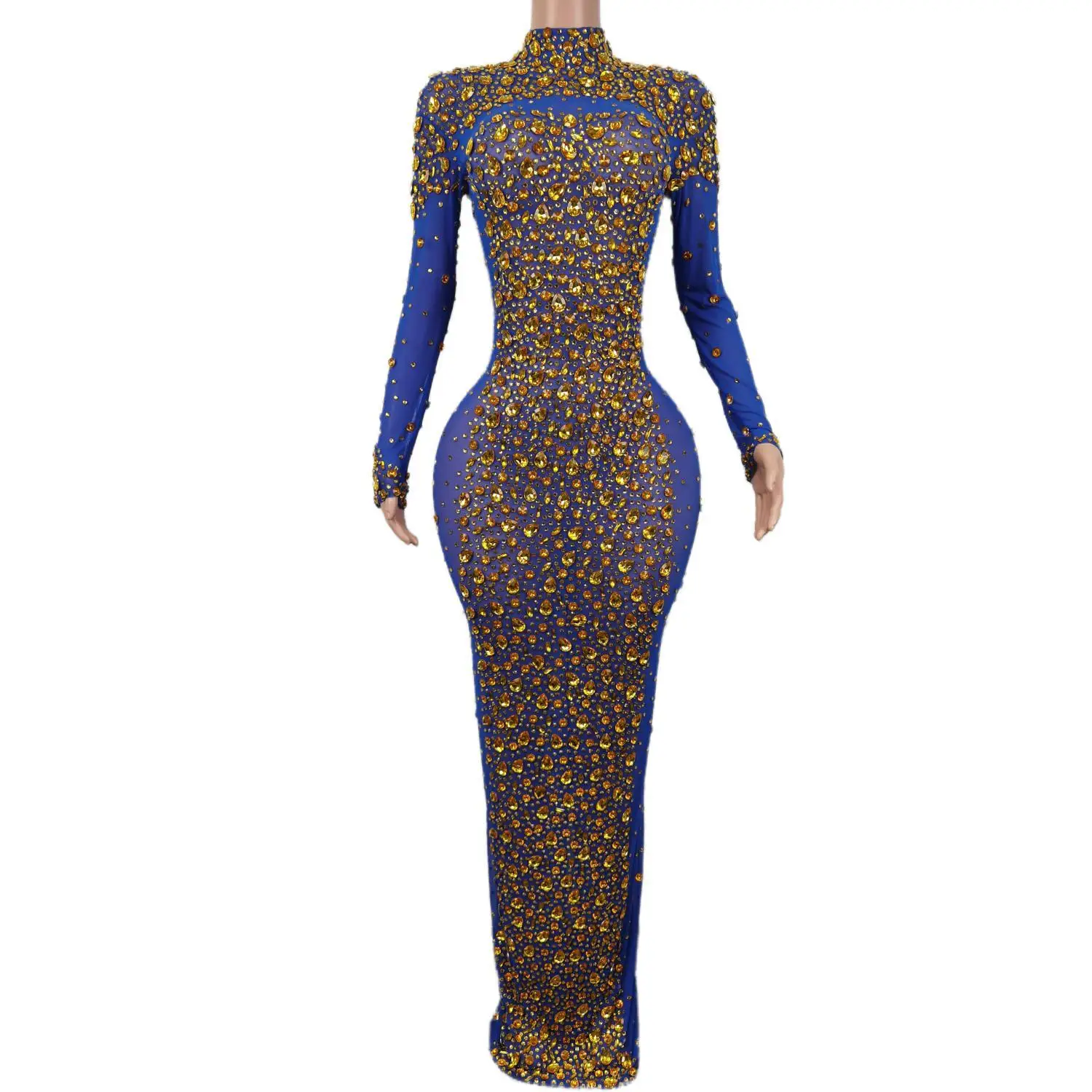 

Glisten Rhinestones Long Dress Women's Costume Nightclub Party Celebrate Outfit Female Performance Sexy Blue Dresses Cuixing