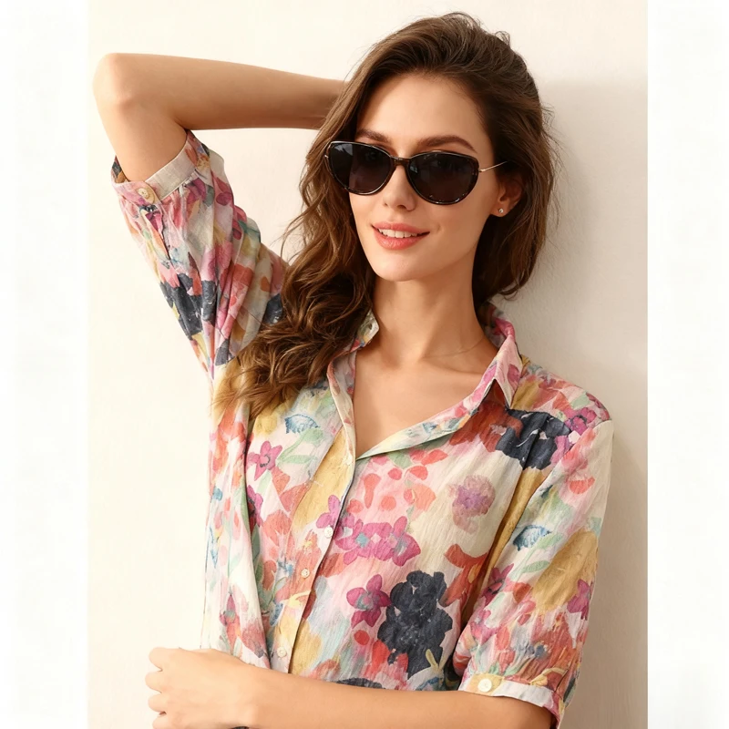 

Fashion Floral Printed Loose Casual Women Shirt Lapel Short Sleeve Office Blouse Spring Summer Casual Blusas Simple Sweet Tops