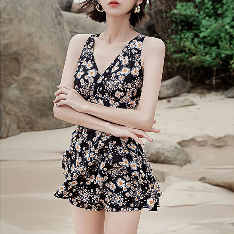 Maiô de peça única com estampa floral para mulheres, decote em V, mini vestido sexy de praia, roupas de banho finas, verão, 2023
