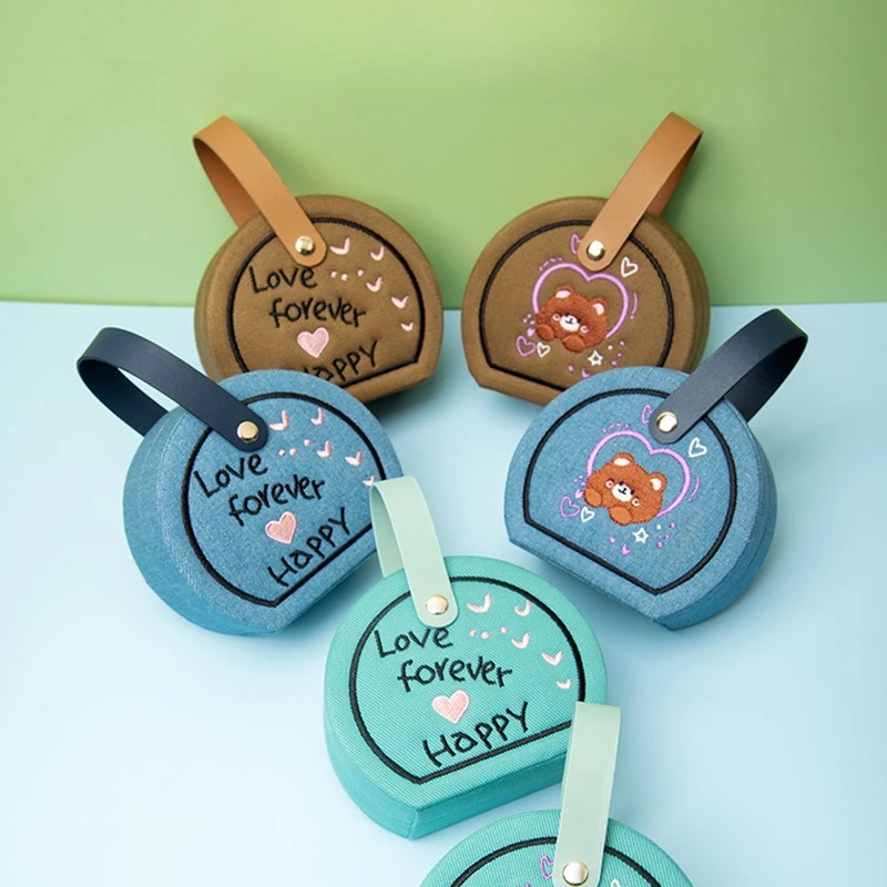 

Denim Embroidered Jewelry Box Portable Travel Organizer with Handle for Rings Necklaces Earrings Velvet Lined Storage Case