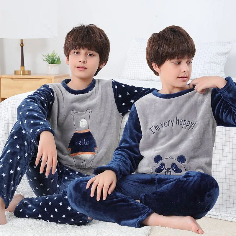 Boys Girls Clothes Pajamas Set Flannel Fleece Warm Catoon Sleepwear Teen Home Suit Winter Autumn 6 8 10 12 14 16Y Pyjamas Kids