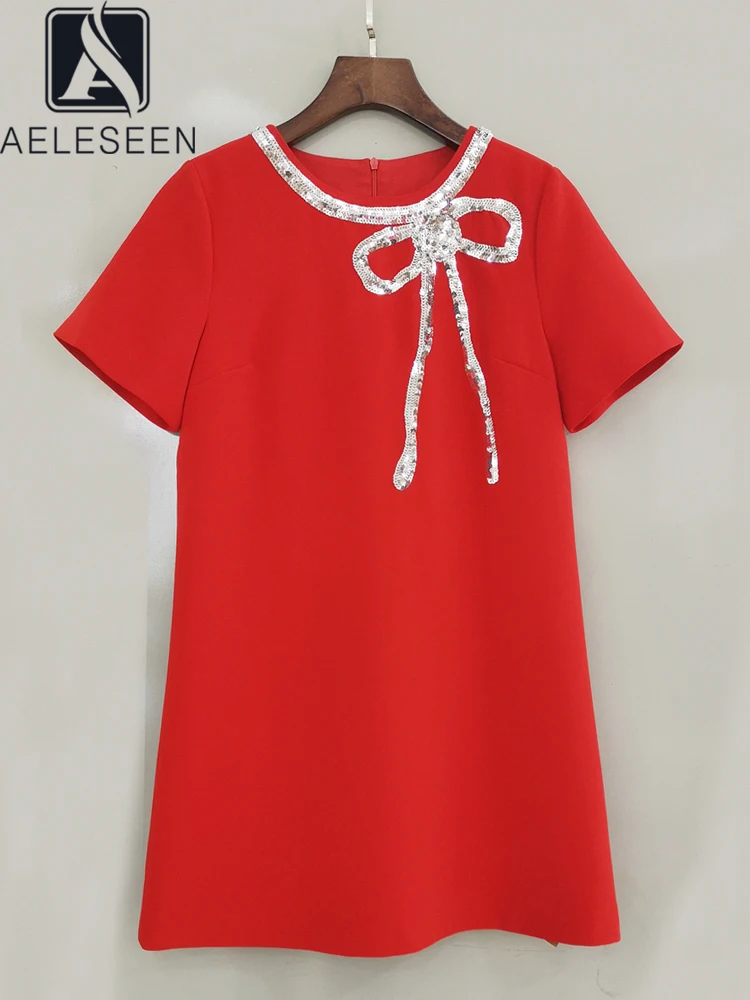 

AELESEEN Runway Fashion Mini Dress Women Summer O-Neck Bow Luxury Sequined Red Beige Black Slim Fit Elegant Casual Holiday