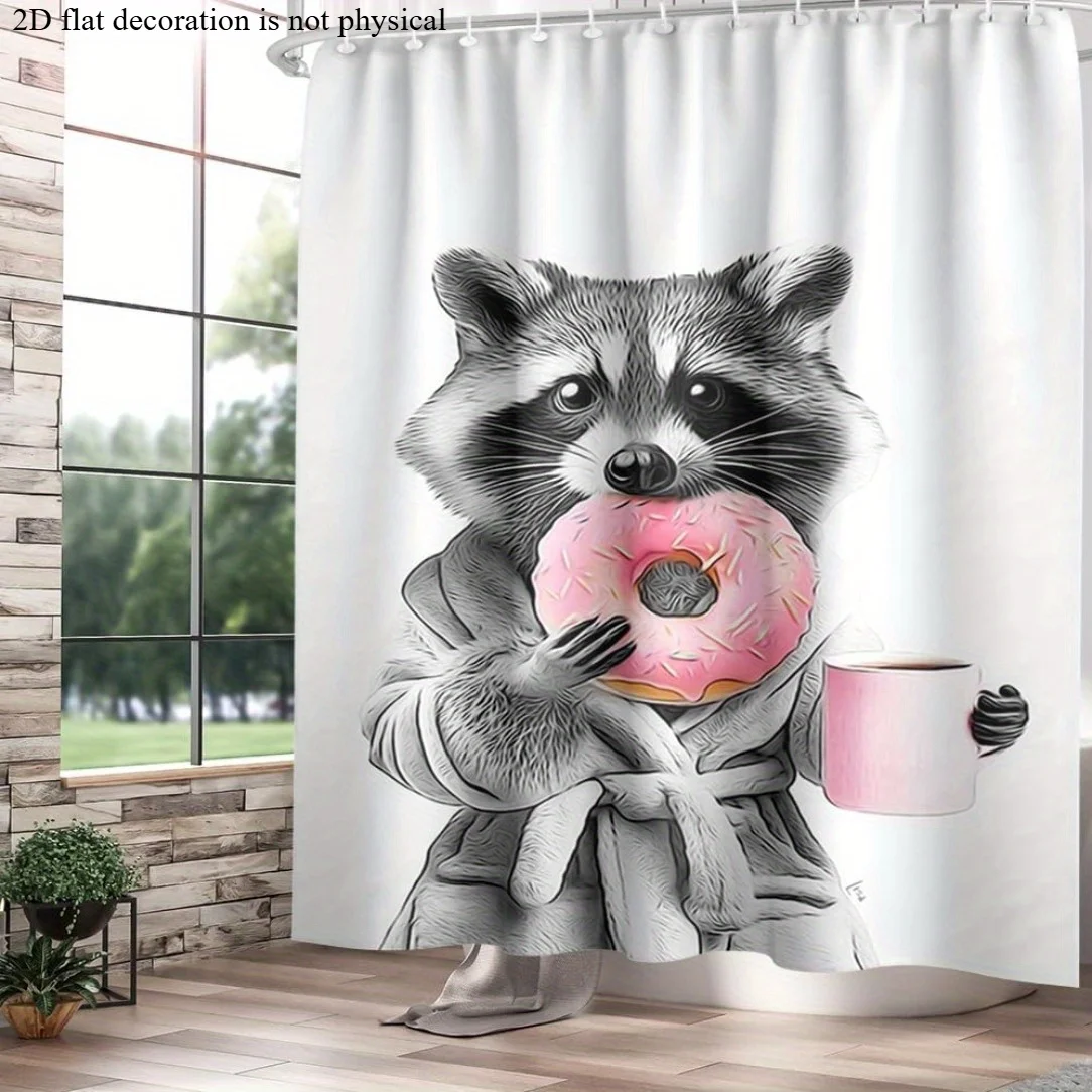 Funny Raccoon Eating Donut Shower Curtain, Cute Animal in Robe Holding Coffee Mug Print Waterproof Bathroom Decor, Humorous Pet
