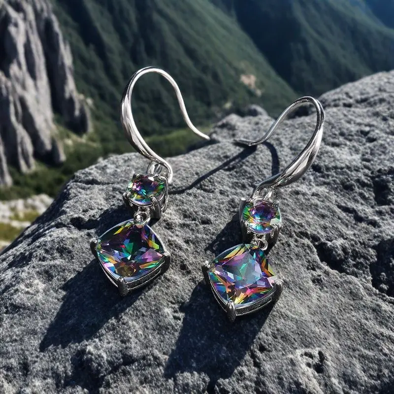 New Dazzling Colored Zircon Square Tassel Mid Length Earrings with Fashionable Design for Attending Banquets As Accessories