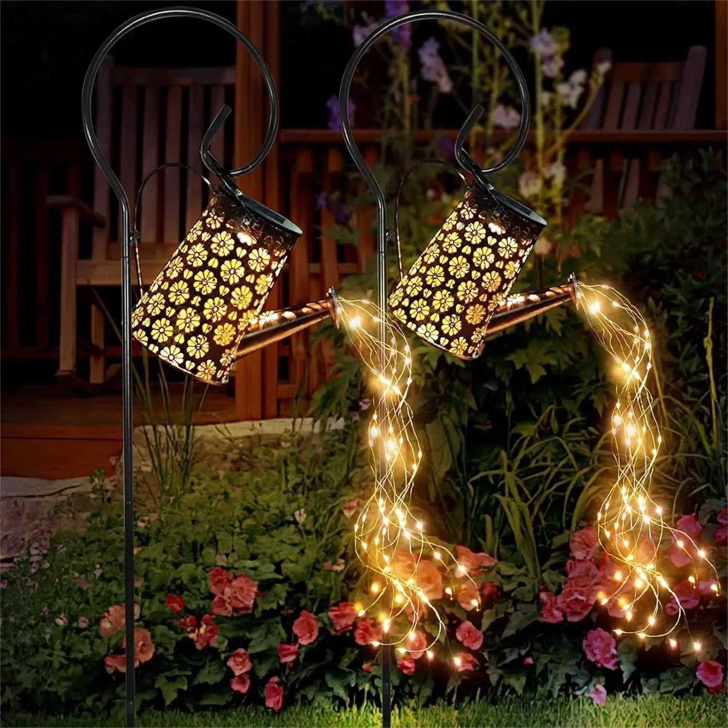 

2 Pcs Solar Watering Can Lights, Hanging Waterfall Decor for Garden, Outdoor Yard Art with Shepherd Hooks