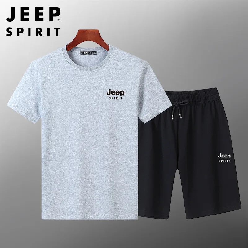 JEEP SPIRIT Summer 100% Cotton Outdoor Leisure Sports Suit Men\'s Breathable T-shirt + Fashion Shorts High Quality Two-piece Set