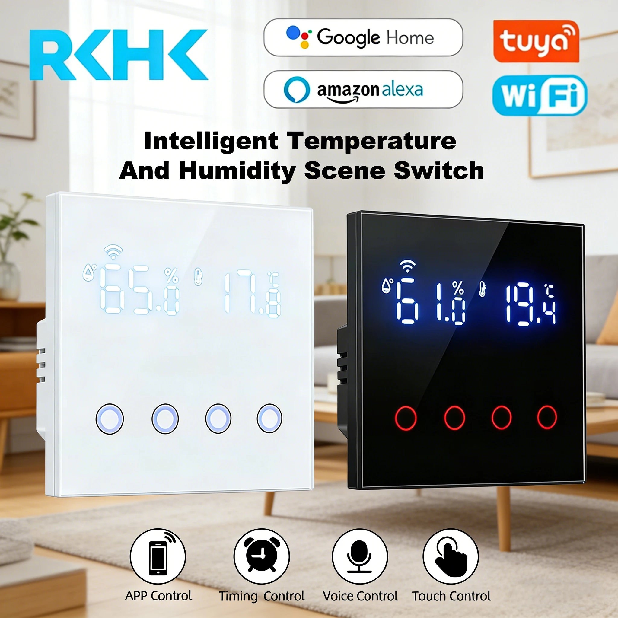 RKHK 1/2/3/4 Gang WiFi Smart EU Intelligent Temperature And Humidity Scene Switch Touch Light Switch Alexa Smart Life Compatible