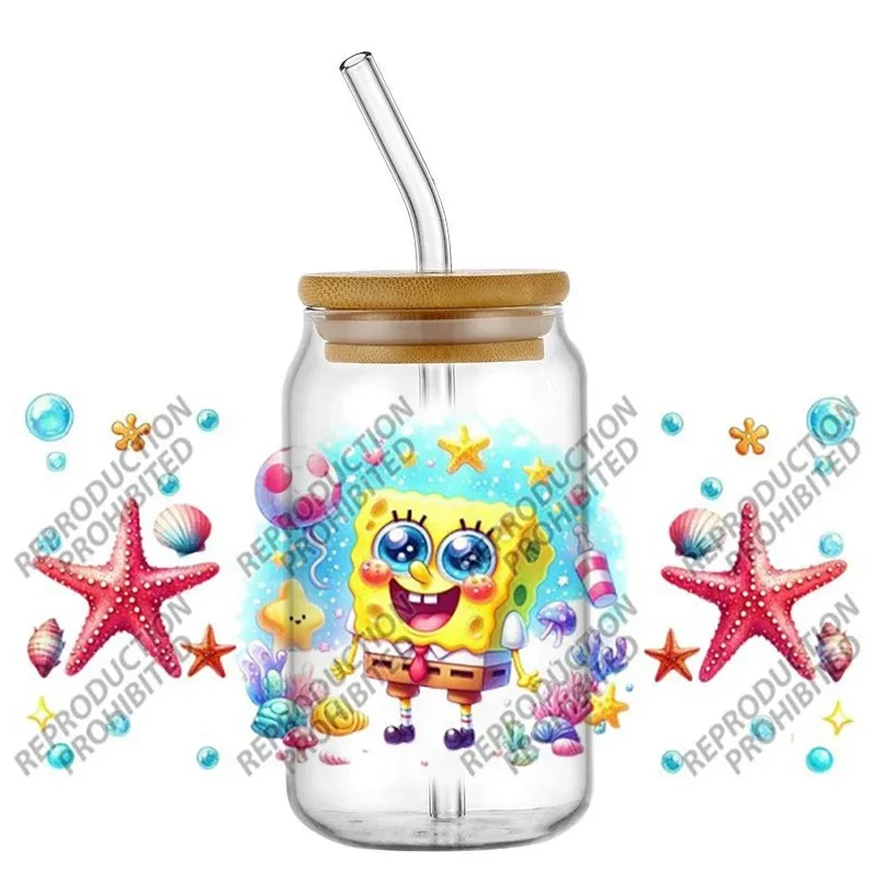 Cute Sea Sponge Cartoon UV DTF Transfer Decals, Underwater Bubble & Star Waterproof Cup Wrap for 16oz Libbey Glass Can