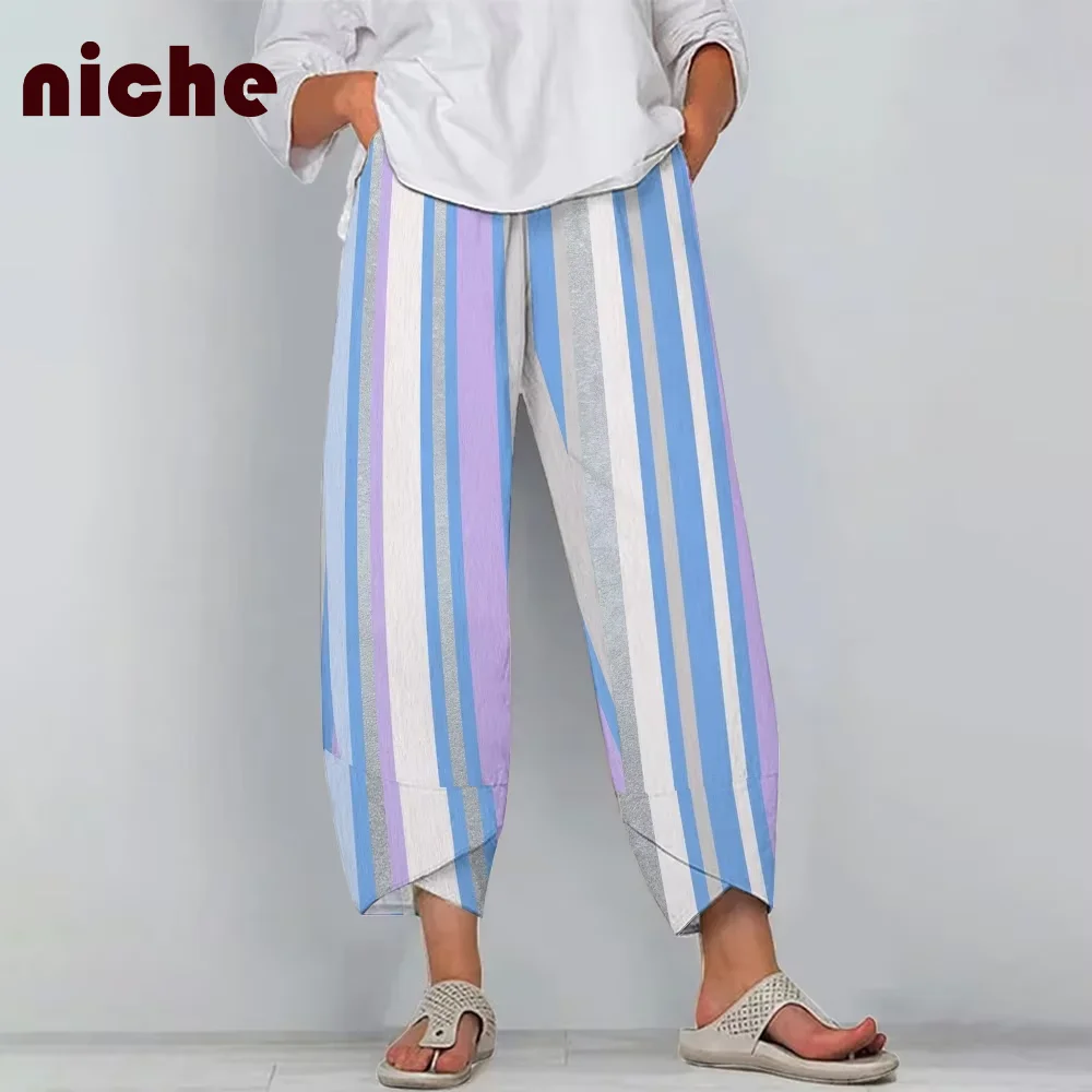 

Simple Color Striped Graphic Print Women's Beach Pants High Quality Soft Fabric Fashion Trend New Nine-Point Wide-Leg Pants