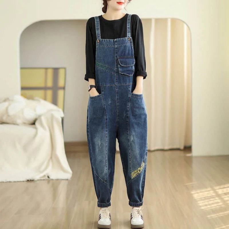 Denim Jumpsuits for Women Korean Style Rompers Literary Casual Vintage Playsuits Straight Harem Pants One Piece Outfit Women