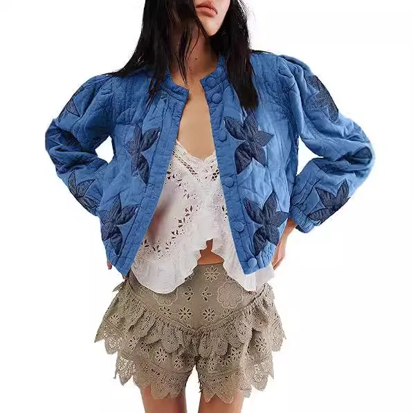 Piumino corto da donna in cotone sciolto con applicazioni di foglie d'acero, stile occidentale, ufficio elegante, confortevole, casual, caldo, multicolore