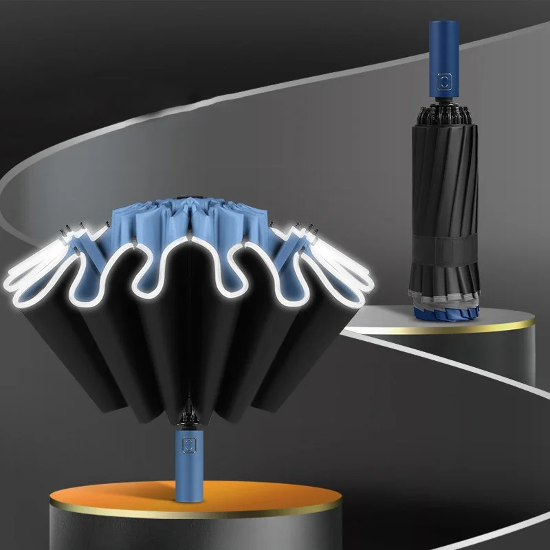 

Полностью автоматический складной зонт с отражающей полосой, большой, 16 ребер, ветрозащитный, солнцезащитный, деловой зонт