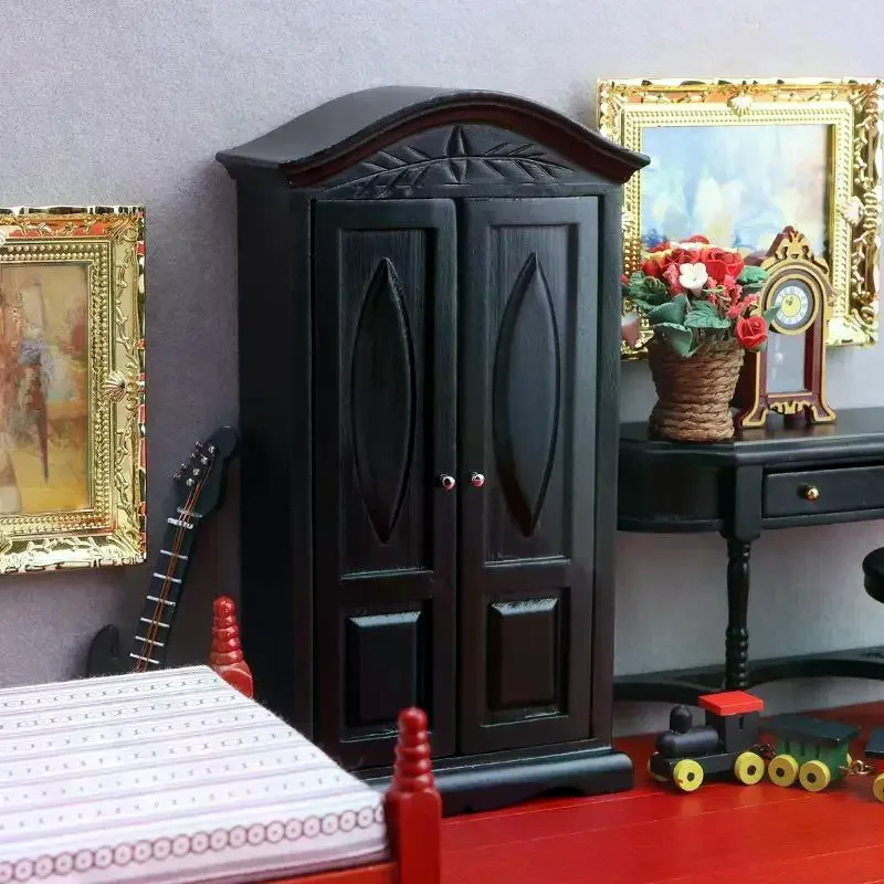 

1Pcs Dollhouse Decorative Furniture 1:12 Simulation Mini Wooden Black Wardrobe Carving Vintage Double Door Cabinet Home Decor