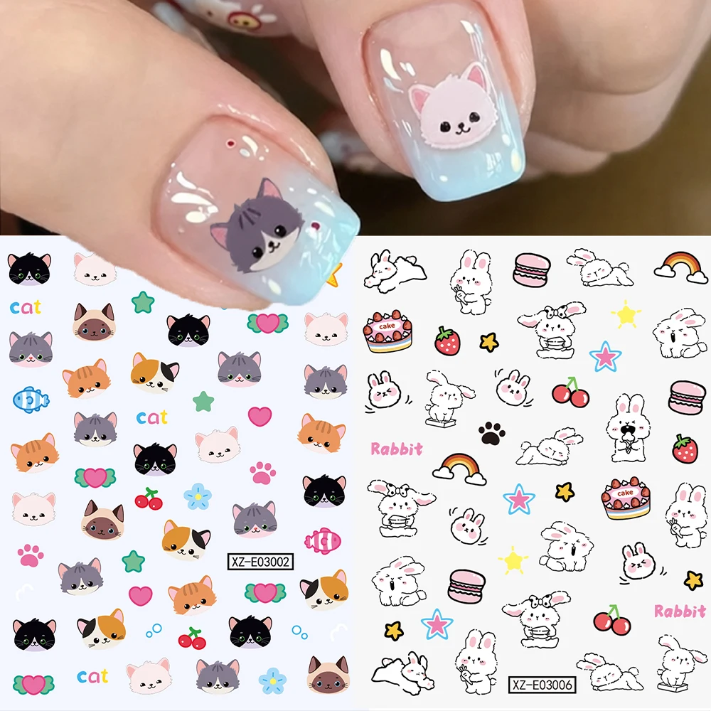 2 autocollants pour ongles mignons chat et lapin, motifs animaux de dessin animé, patte, gâteau, fruits, arc-en-ciel, décorations auto-adhésives pour ongles Kawaii