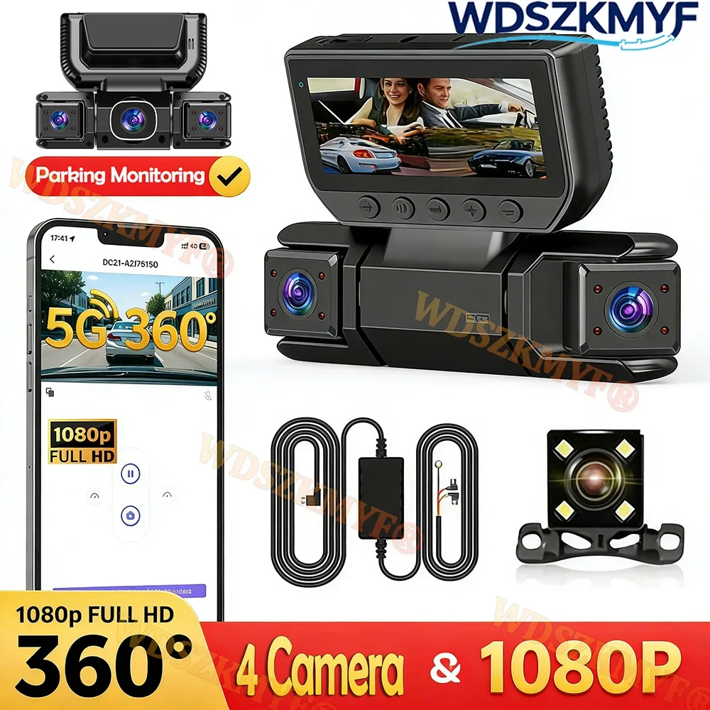 Quad Lens Car Dash Camera 360°  Front Rear Interior Rear View camea 1080P Full HD Car DVR with Night Vision Parking Monitor
