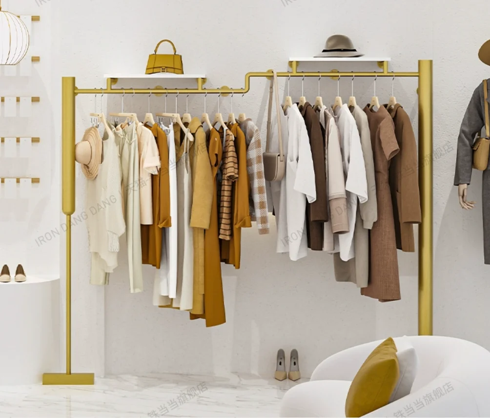 

High-End Wrought Iron Gold Shelves Clothing Display Rack for Women's Clothing Store Wall-Mounted Hanging Racks