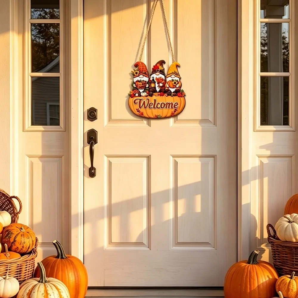 Wooden Ornaments Welcome Hanging Sign Pumpkin Dwarf Welcome Door Plate Rustic Style Maple Leaves Door Decoration Thanksgiving