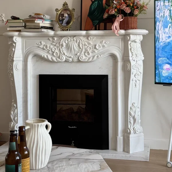 Marble French mantel European and Chinese Pengjie carving handmade spot natural marble stone fireplace customization