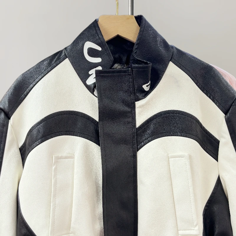 Blouson en similicuir PU femme, streetwear à la mode, avec impression de lettres, patchwork, pour les abonnés aux documents, col montant, manches longues, veste de motard